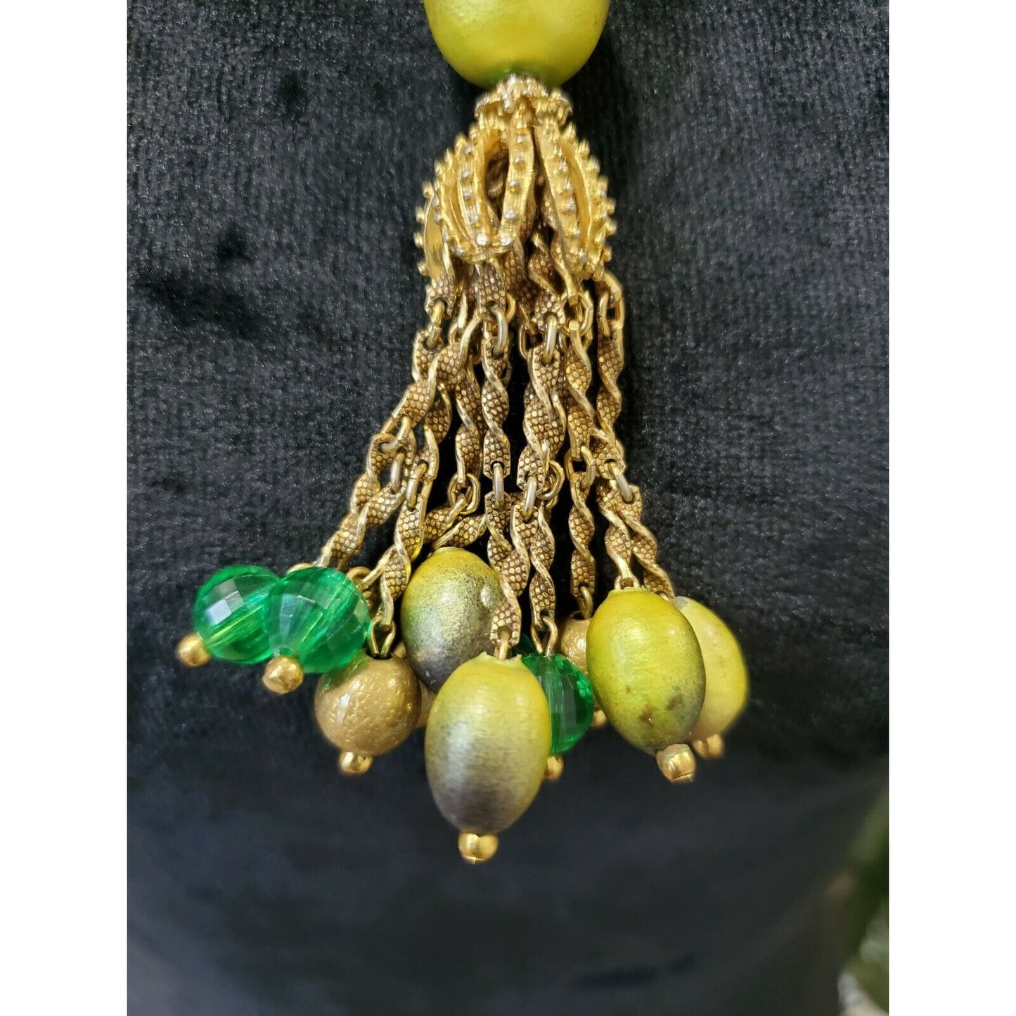 Vintage Wooden Green Olive, Crystal & Gold Ball Dangle Necklace 24"