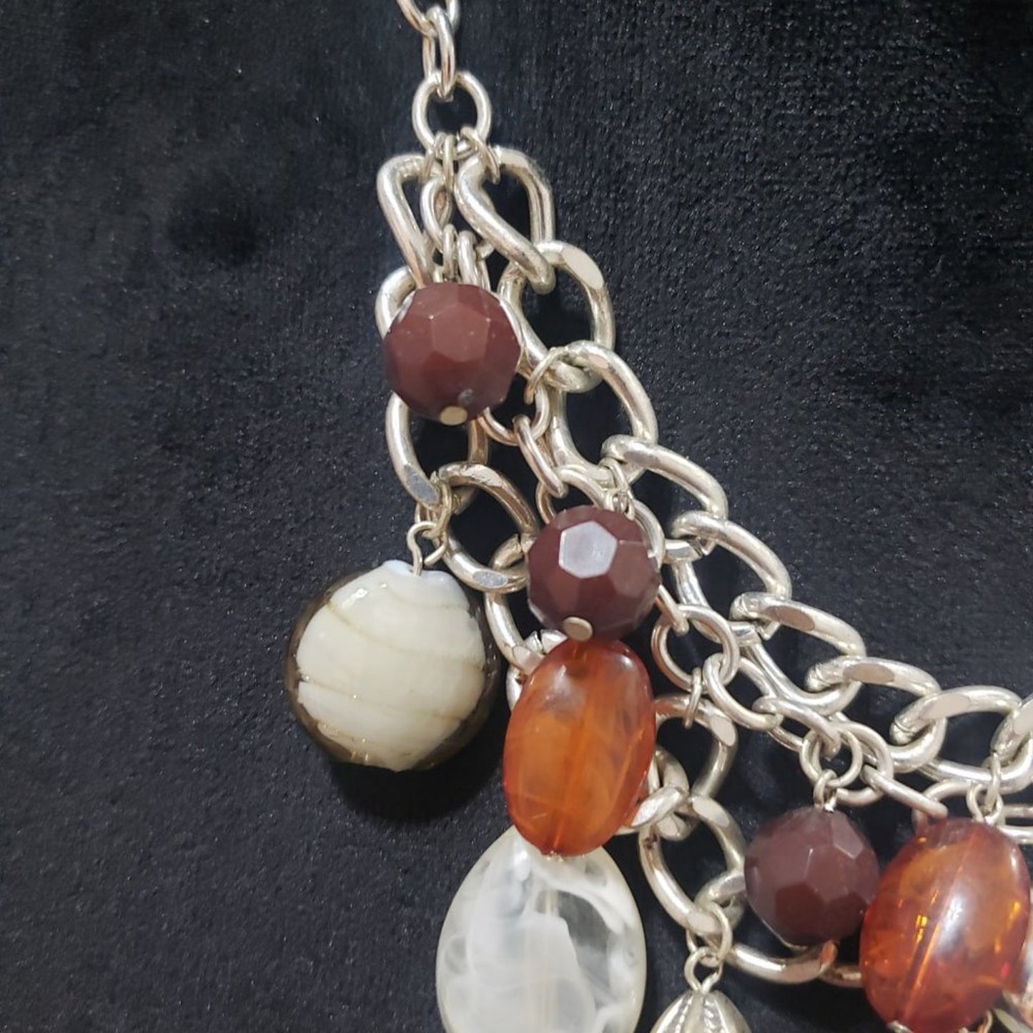 Womens Fashion Silver Tone Clear Glass Brown Polished Stone Beaded Bib Necklace
