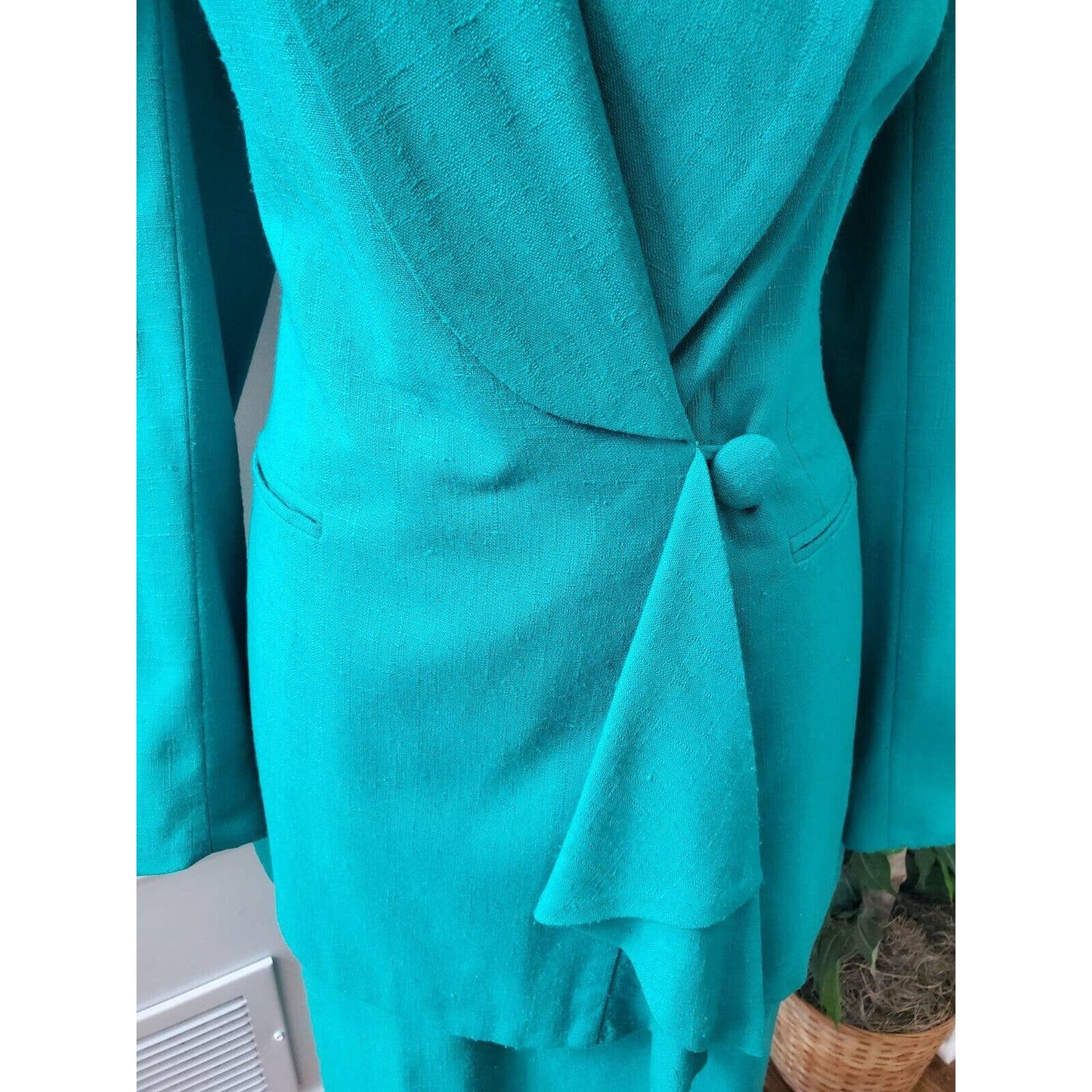 Vintage Style Aqua Solid Polyester Long Sleeve Jacket & Skirt 2 Piece Suit 10