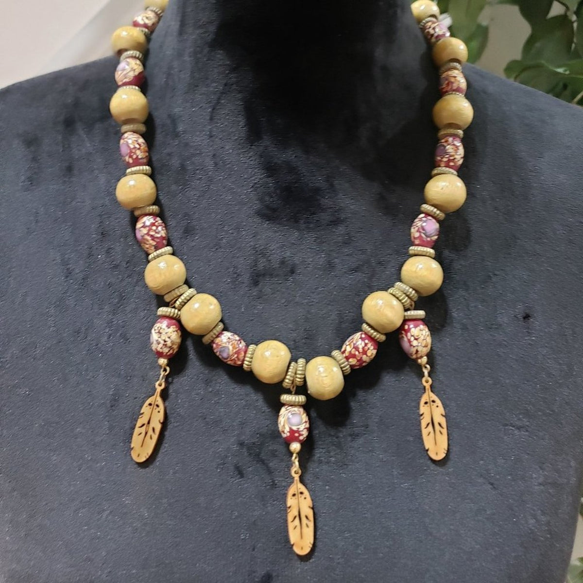 Womens Handcrafted Dark Brown and Red Wood Bead Necklace