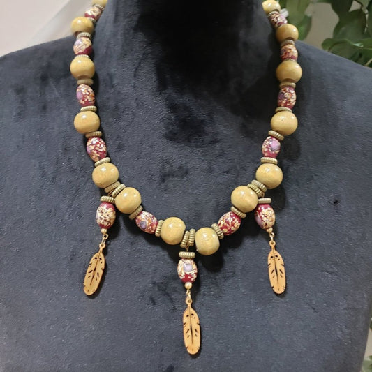 Womens Handcrafted Dark Brown and Red Wood Bead Necklace