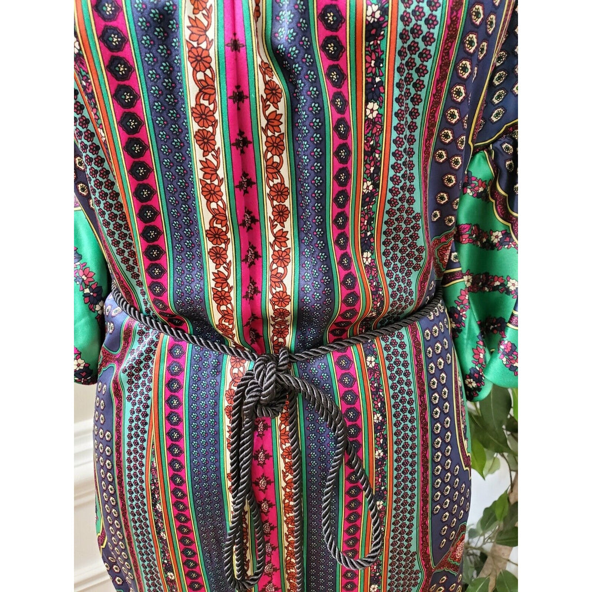 Single Dress Multicolor 100% Silk Long Sleeve Cord Waist Tie Knee Length Dress S