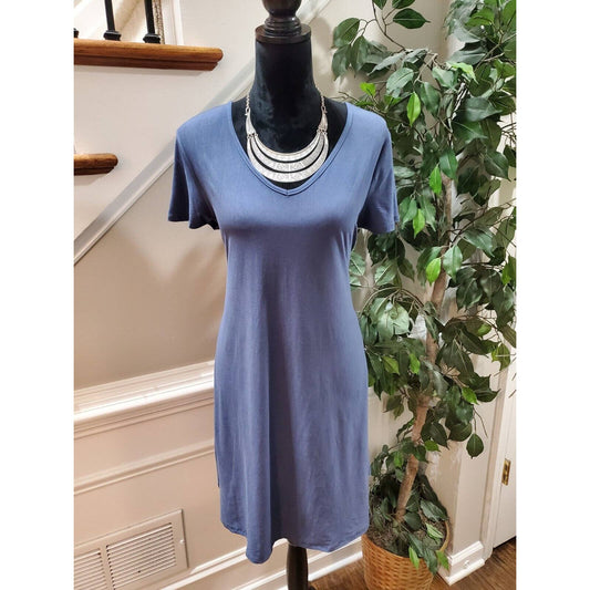Olive+Oak Women Blue Polyester Round Neck Short Sleeve knee Length Dress Size L