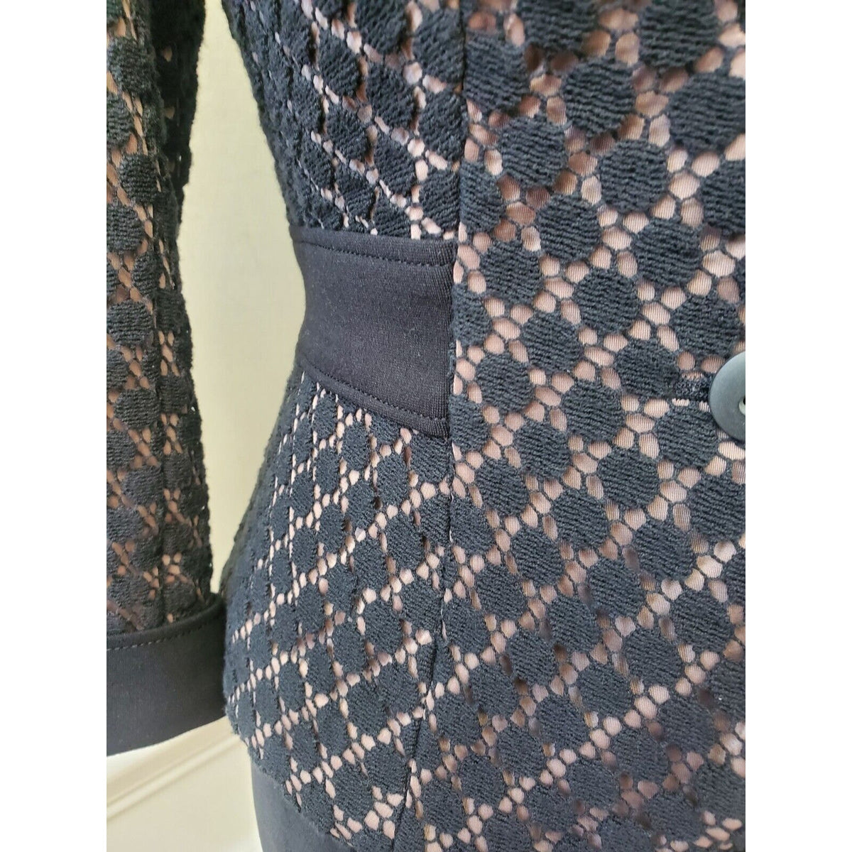 Kay Unger Womens Black Cotton 3/4 Sleeve Crochet Swiss Dot Stretch Blazer Size 6