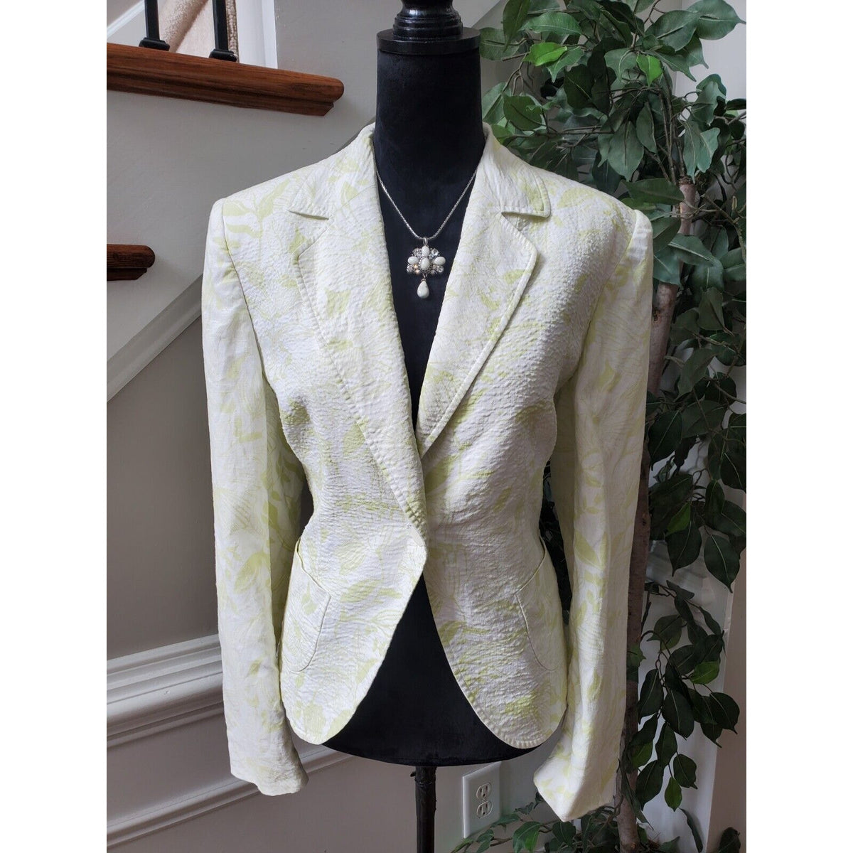 Style & Co Women White Floral Linen Long Sleeve Single Breasted Blazer Jacket 14