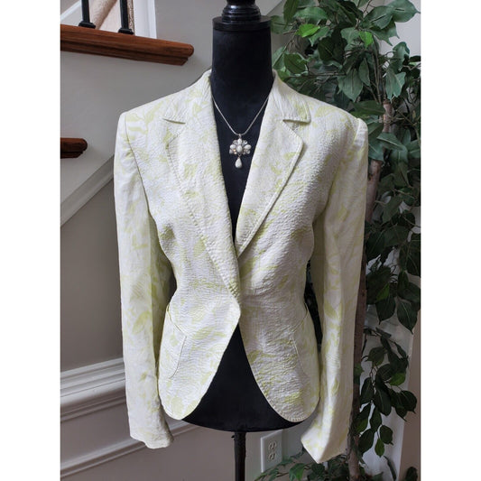 Style & Co Women White Floral Linen Long Sleeve Single Breasted Blazer Jacket 14