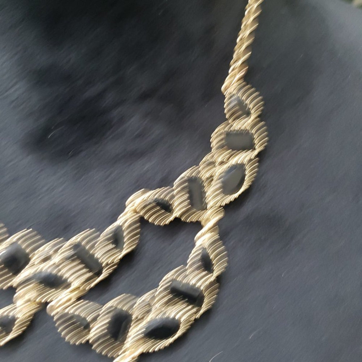 Women's Gold Tone Metal Link Chain Black Crystal Inset Articulated Bib Necklace