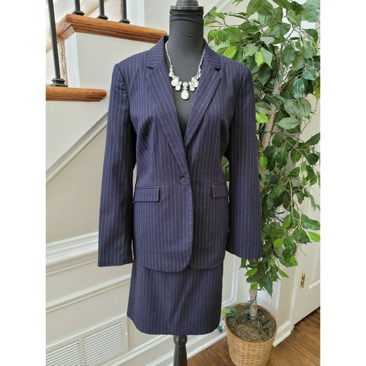Liz Claiborne Women Blue Lined Polyester Fitted Blazer & Skirt 2 Piece Suits 10