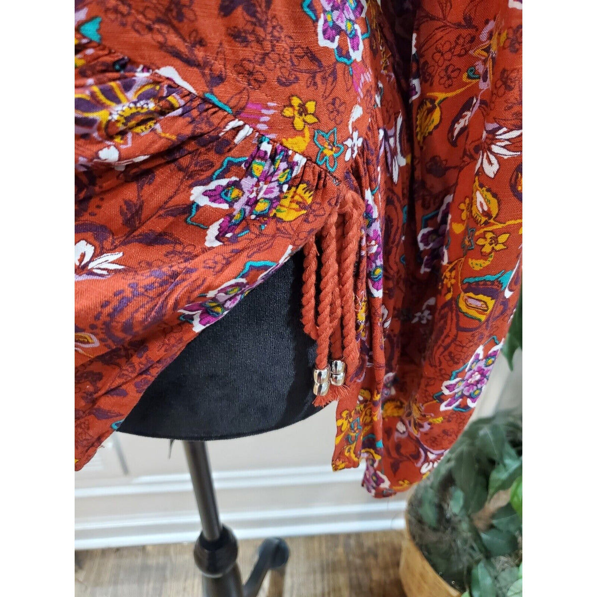 Women Brown Floral 100% Viscose Round Neck Long Sleeve Casual Top Blouse Size XL