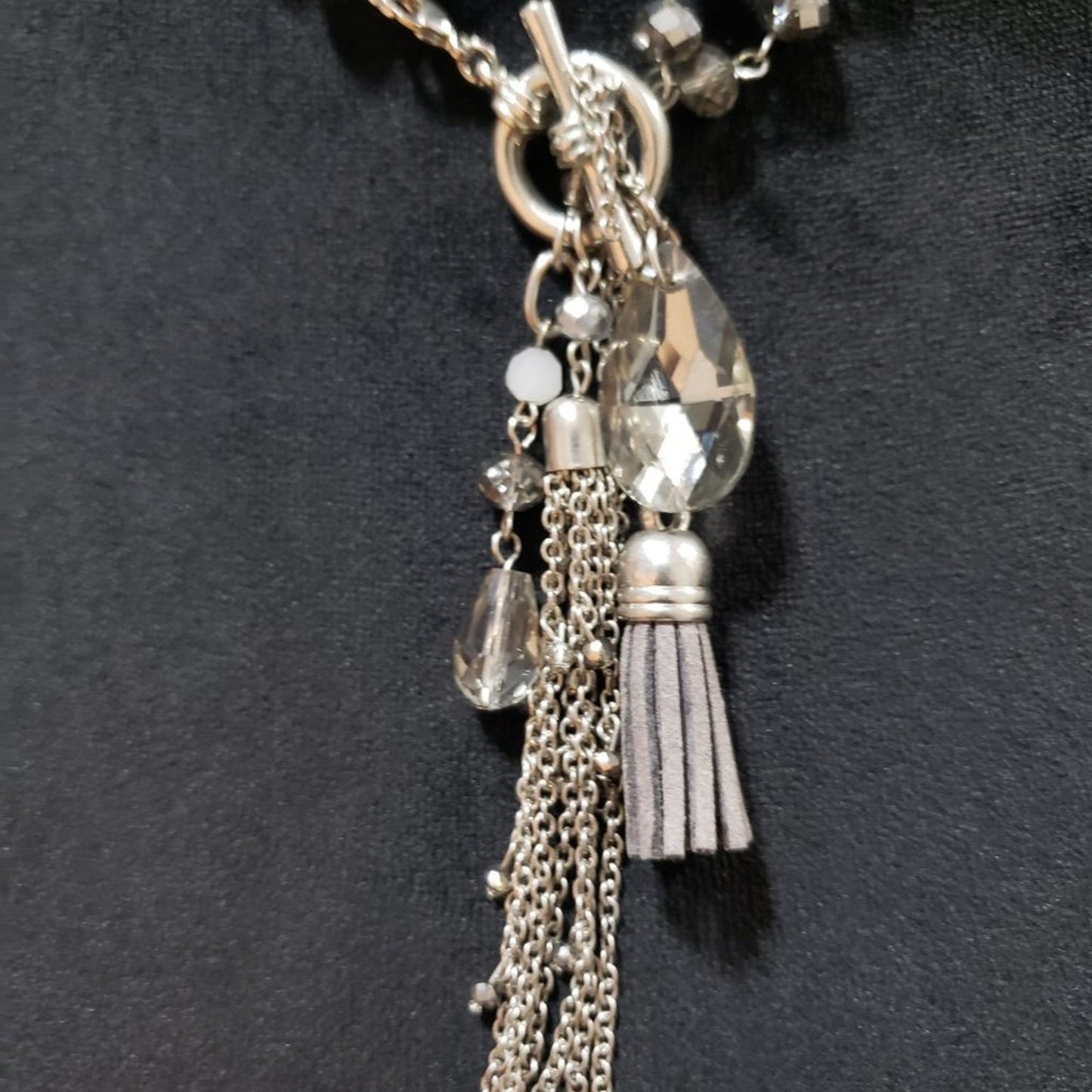Womens Bohemian Beaded Crystal Two Strand Front Toggle Tassel Pendant Necklace