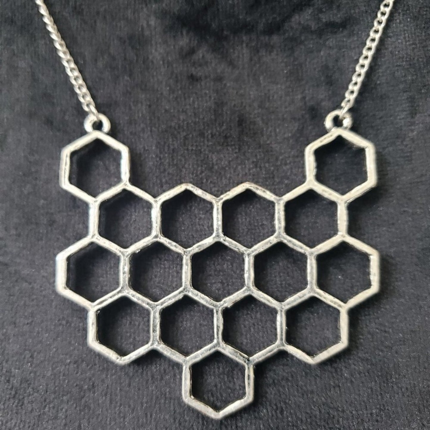 Womens Antiqued Silver Tone Hexagonal Brass Bee Bib Necklace with Lobster Clasp