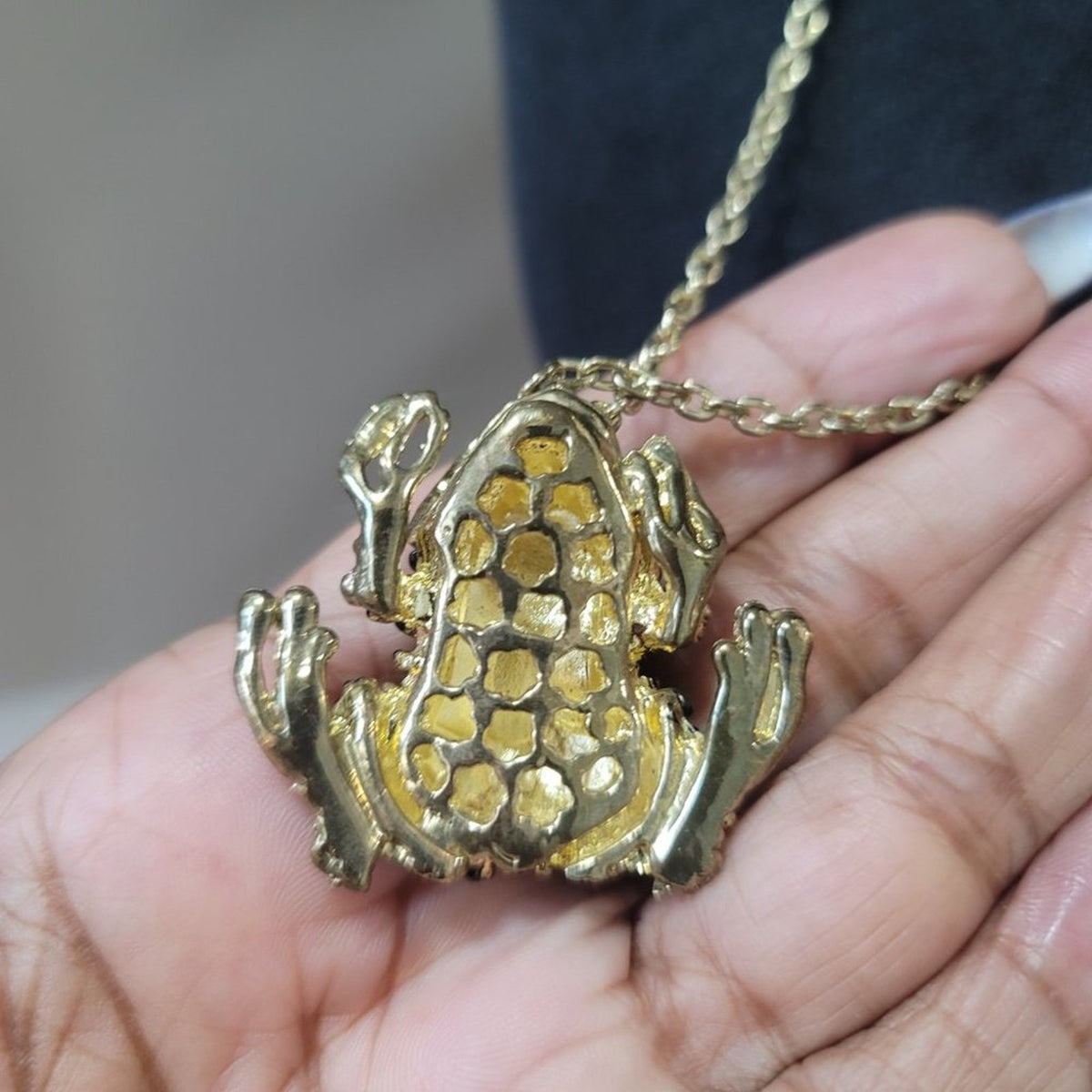 Cute Gold Tone Frog with Red Rhinestones Unique design Pendant Necklace