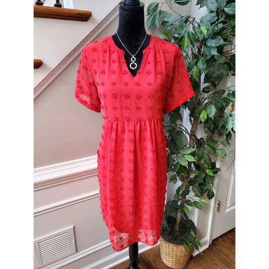 Miholl Red Pom Pom Babydoll Polyester V-Neck Short Sleeve Dress X-Large