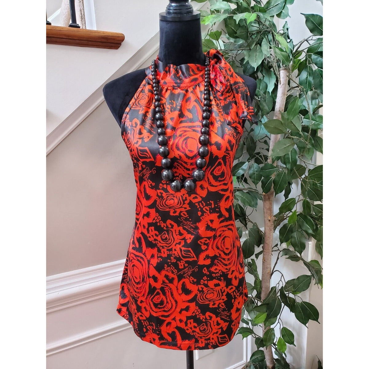 Soutlpole Collection Women's Black Floral Halter Neck Sleeveless Top Blouse XL