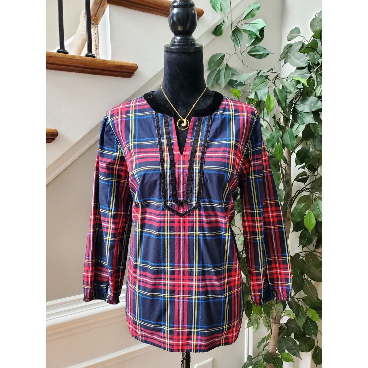 Talbots Petite Women's Blue Cotton Check Long Sleeve Casual Top Blouse Size LP