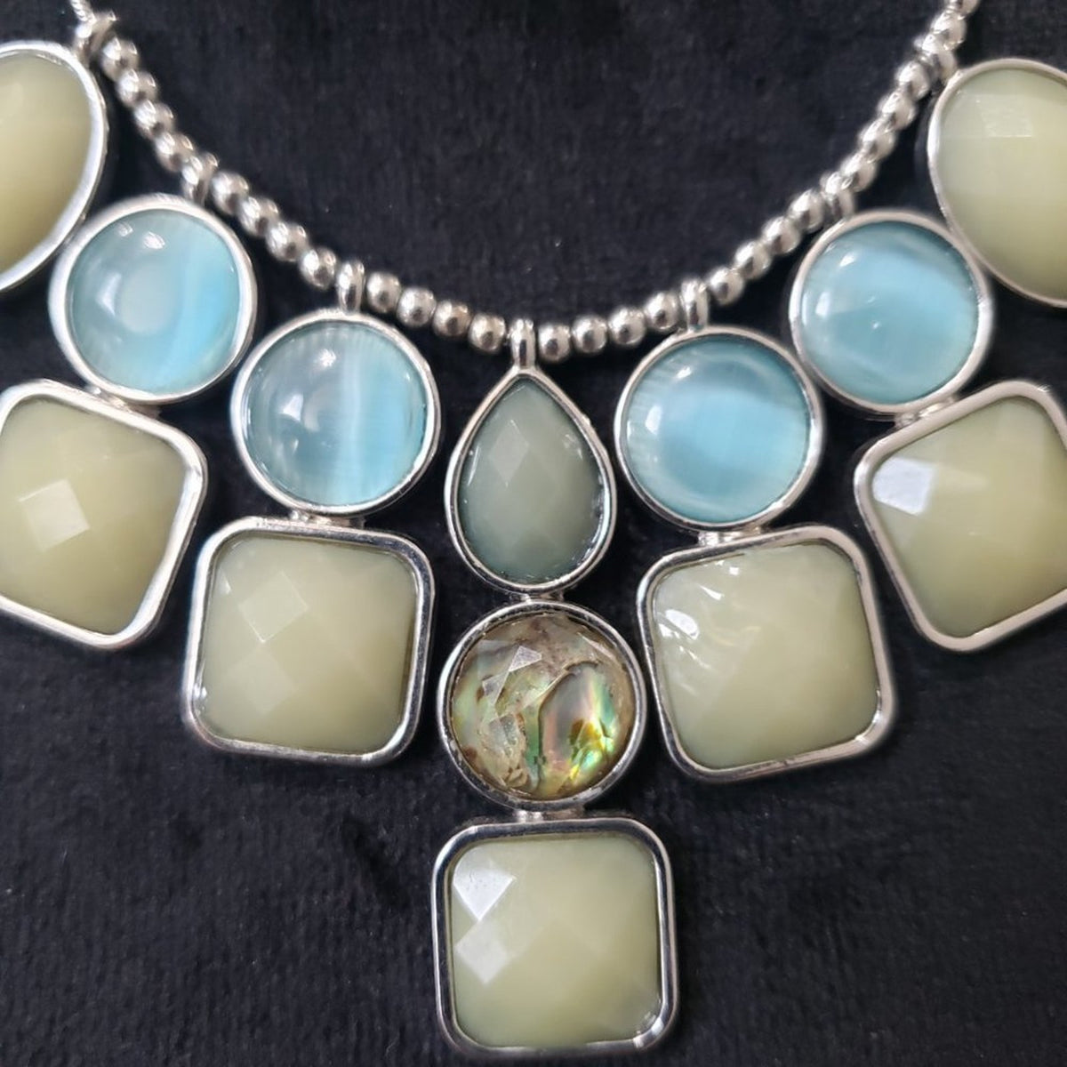 Green Blue Acrylic Bead Necklace Square Round Dangles Bib Silver Tone