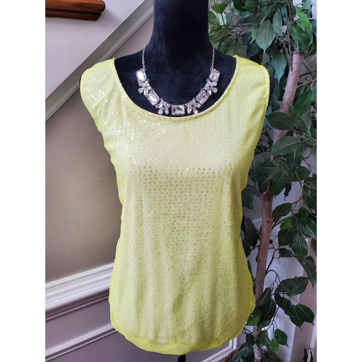 Dana Buchman Women's Yellow 100% Nylon Round Neck Sleeveless Top Blouse Size XL