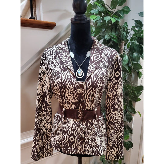 Bamboo Traders Women's Brown White Long Sleeve Belted Button Front Jacket Medium