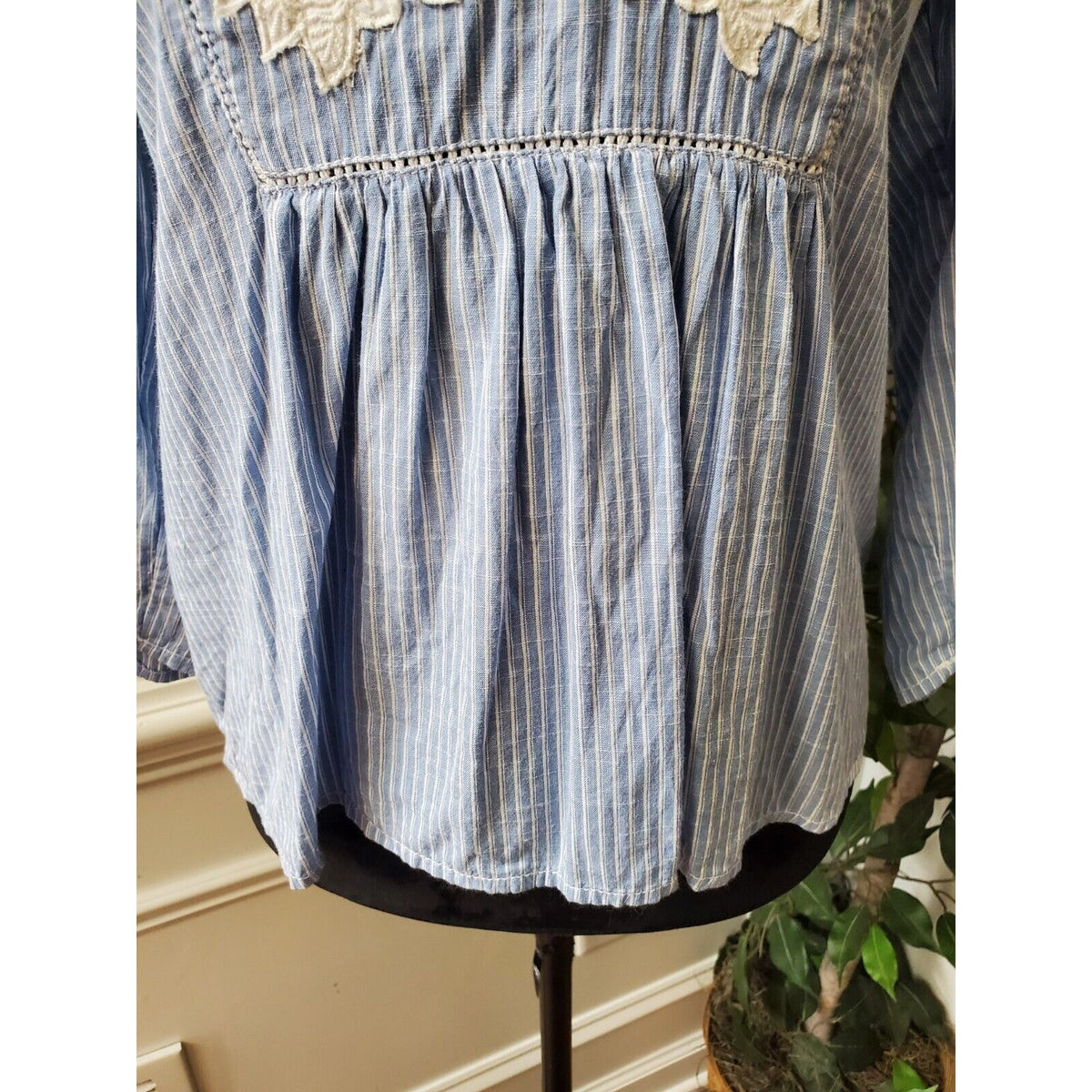 L.O.G.G Women's Blue Striped 100% Cotton V-Neck Long Sleeve Casual Top Blouse 2