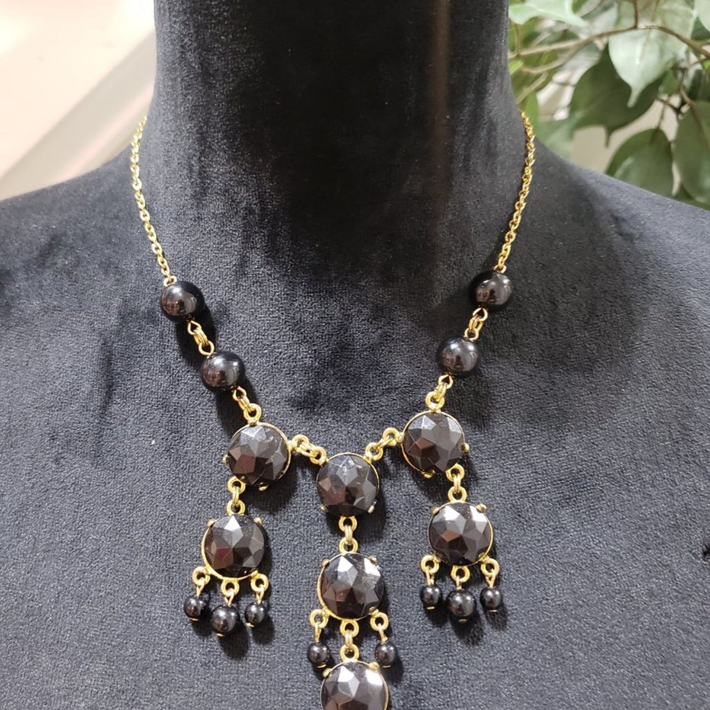 Womens Gold Tone Black Round Stone with Lobster Clasp Jewelry Necklace