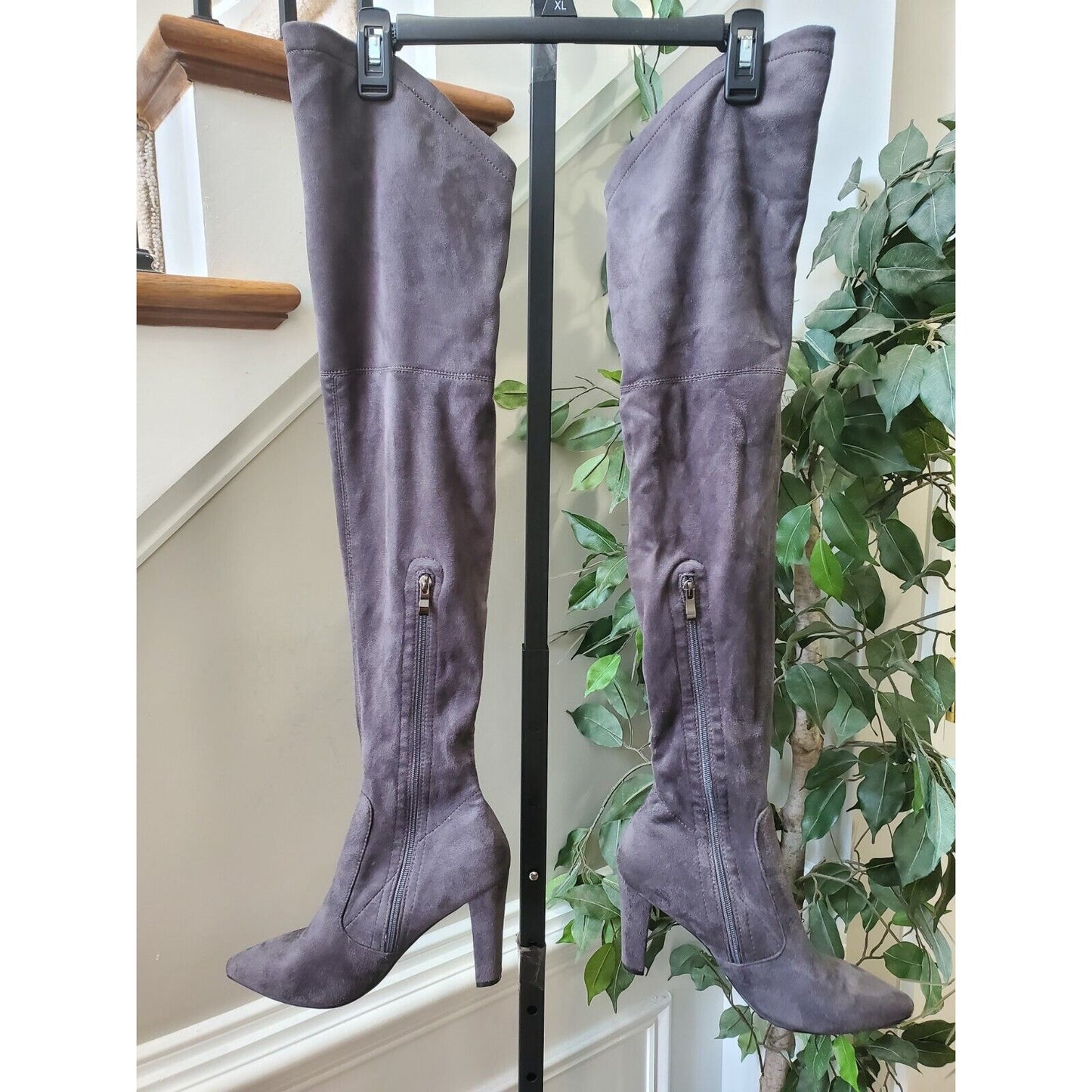 Gray Women's Suede Leather Pointed Toe Block Heel Knee High Boots Size 41 (9.5)