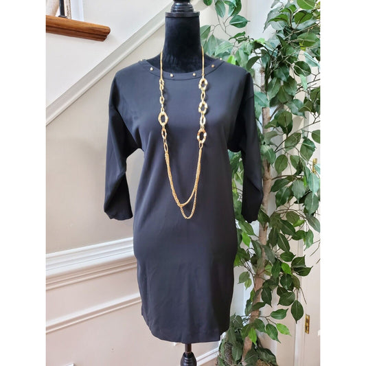 H&M Womens Black Solid Polyester Round Neck Long Sleeve Knee Length Dress Size 6