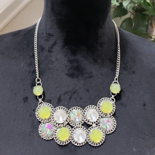 Multicolor Green and Crystal Beaded Silver Necklace