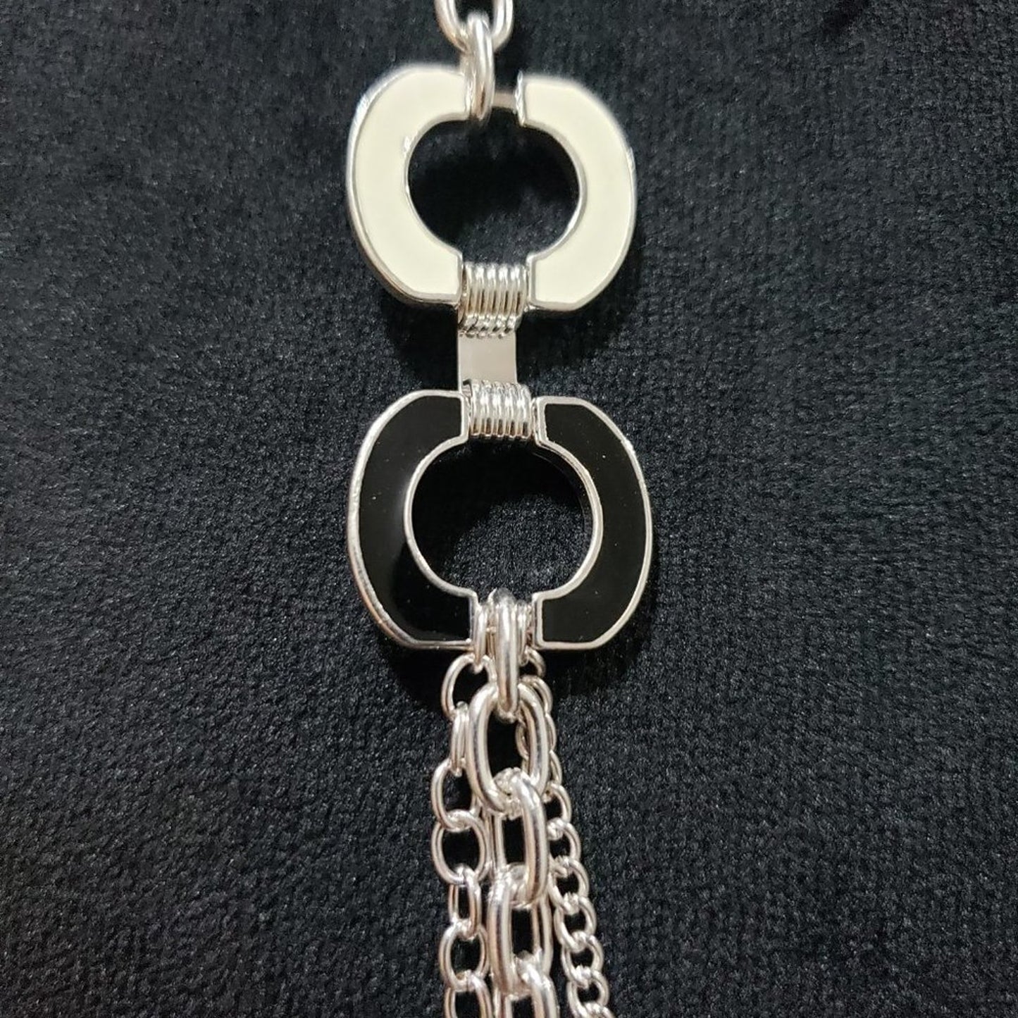 Women's Silver Tone Chain Multi-Strand Layered Necklace with Black Enamel Links