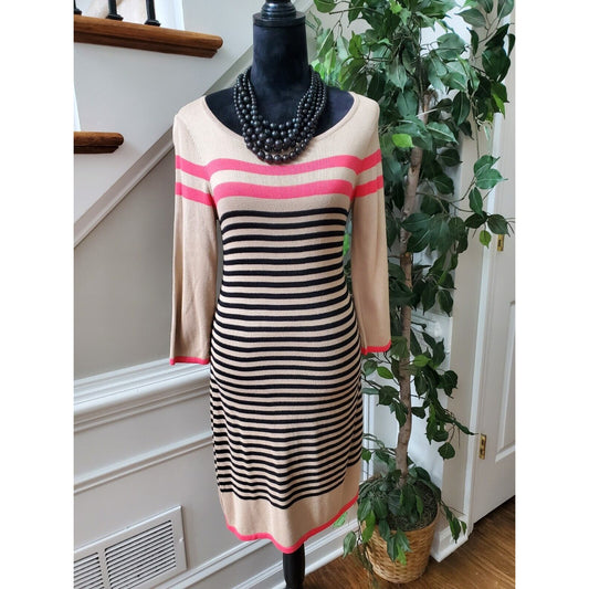 Design History Women Beige Striped Round Neck Long Sleeve Knee Length Dress S
