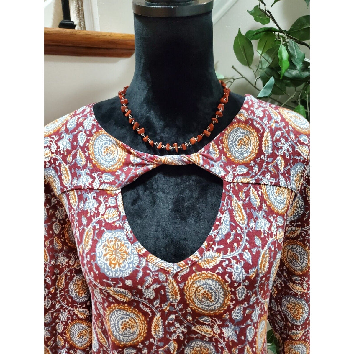 Three Pink Hearts Burgundy Key Hole Round Neck Long Sleeve Casual Top Blouse XL
