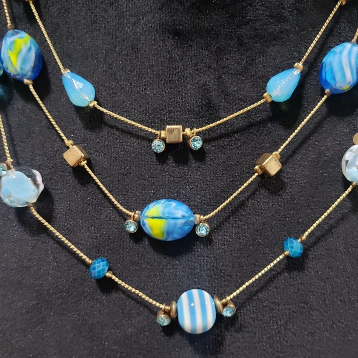 Womens Fashion Three Strands Charm Necklace Turquoise Gemstone w/ Lobster Clasp
