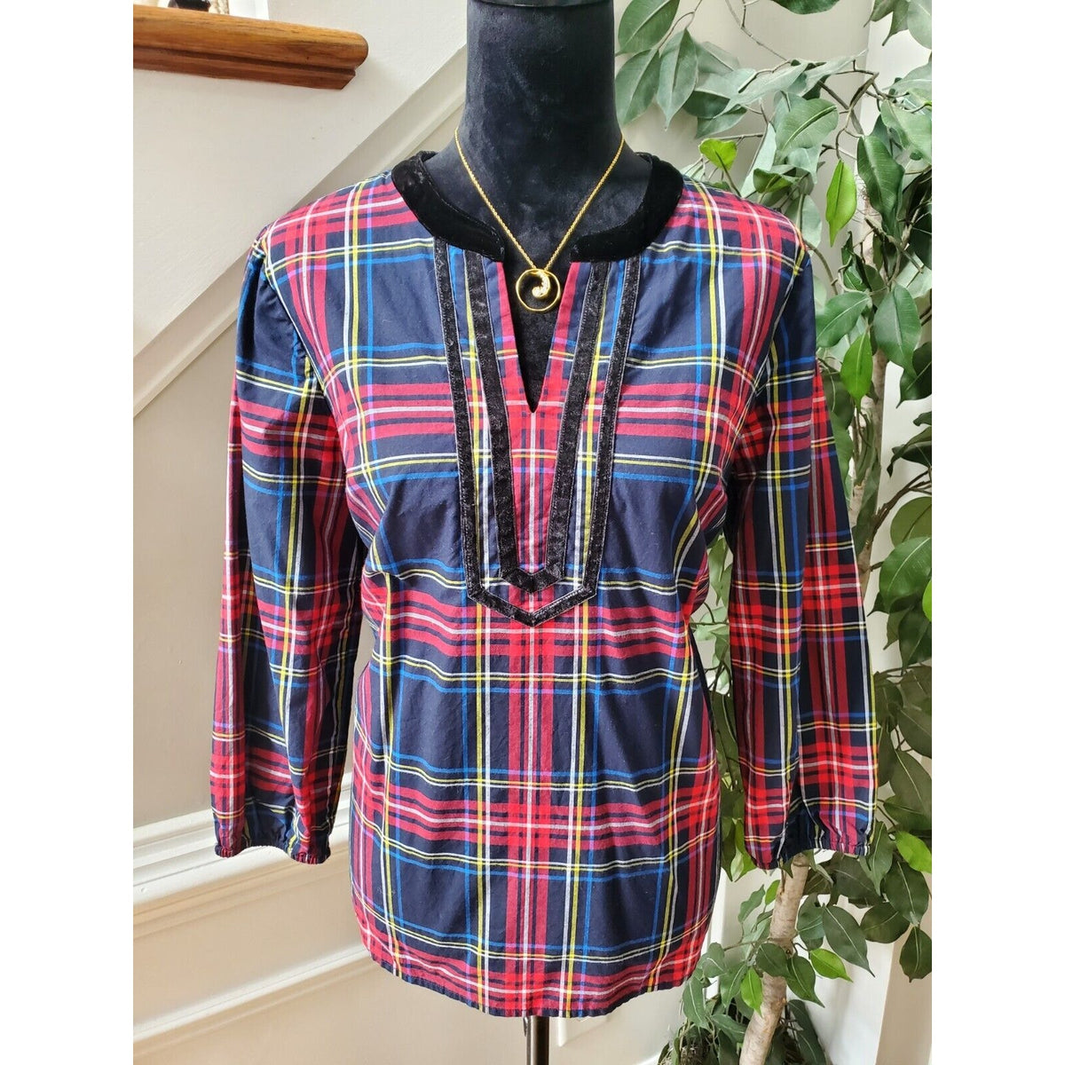 Talbots Petite Women's Blue Cotton Check Long Sleeve Casual Top Blouse Size LP