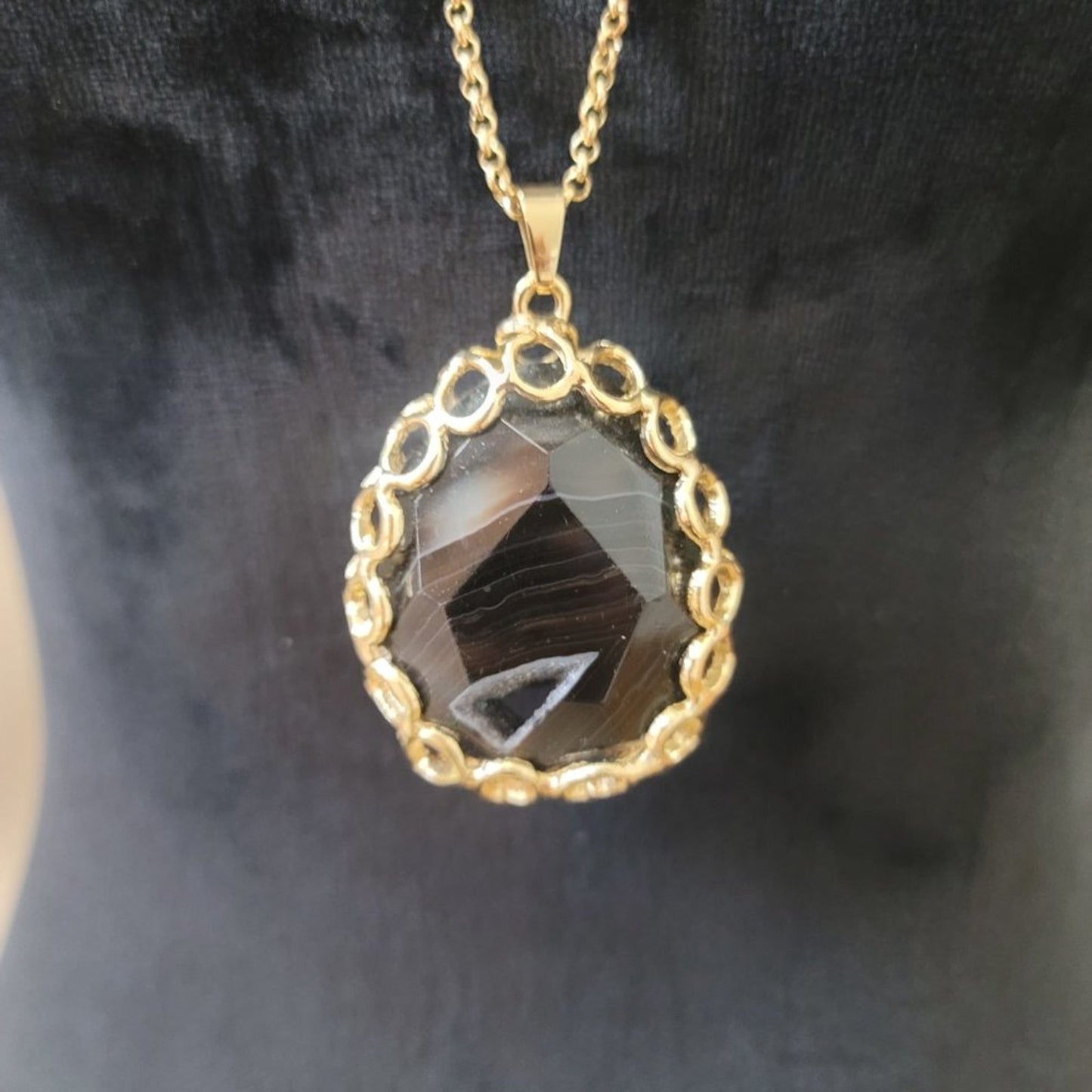 Womens Gold Plated Big Glass Black Charm Pendant Necklace