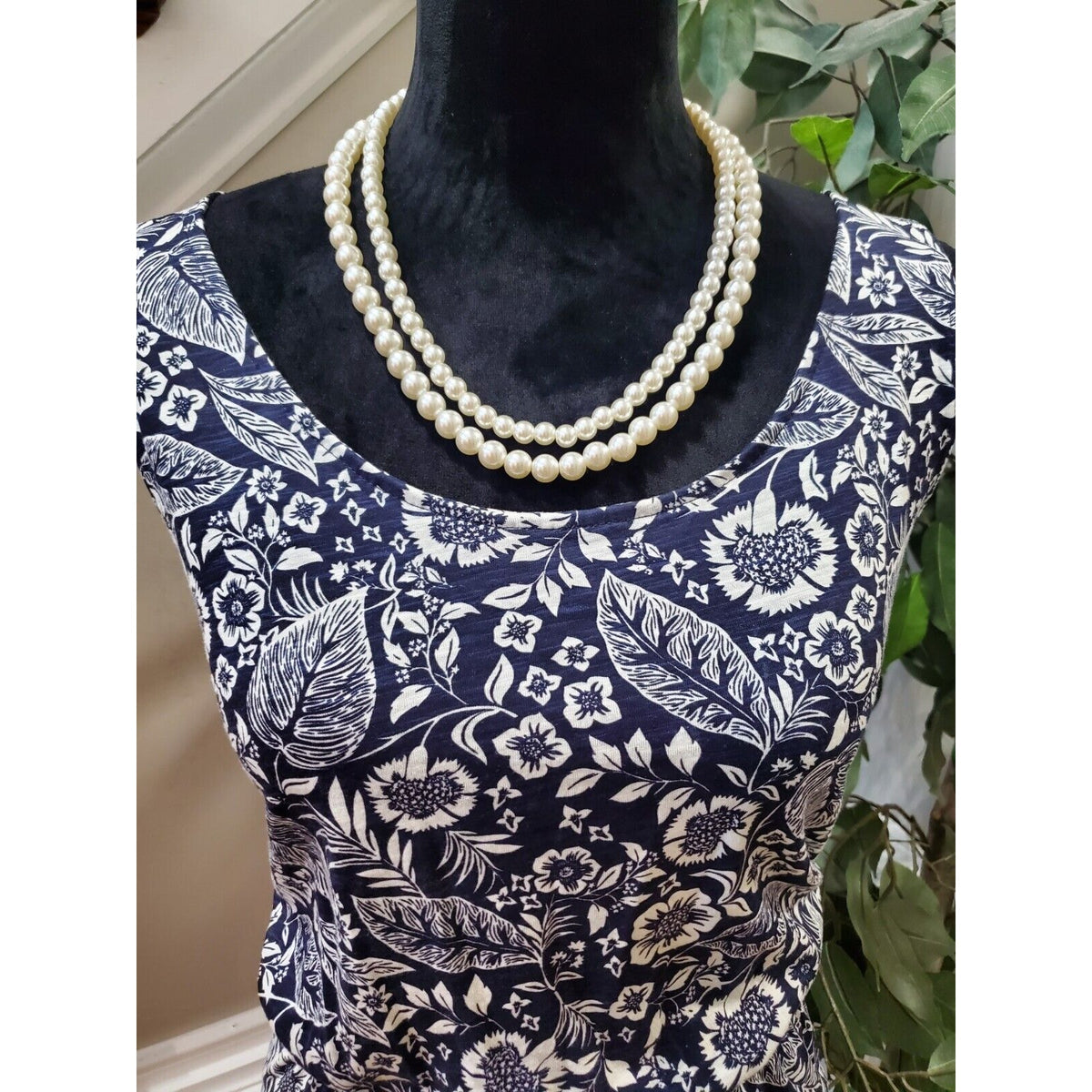 Basic Basique Women Blue Floral Cotton Scoop Neck Sleeveless Knee Length Dress L