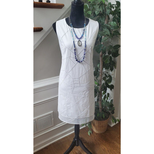 Tahari Women's White Fran Laser Cut Cotton Sleeveless Knee Length Dress Size 8
