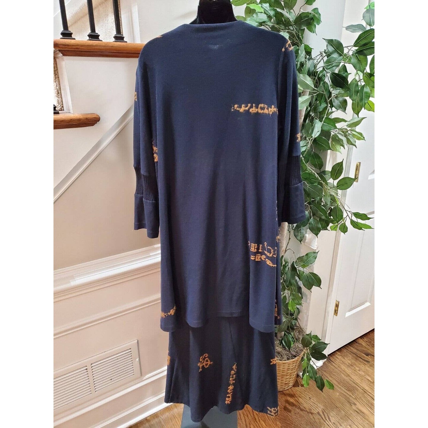 Heide Ost Textured Black Cotton Long Sleeve Blouse & Skirt 2 Pc's Suit Size XL