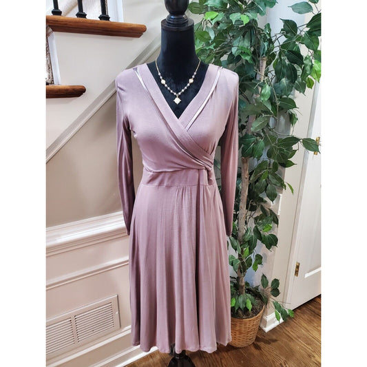 J. June Women Purple Solid Polyester V-Neck Long Sleeve Knee Length Dress Medium
