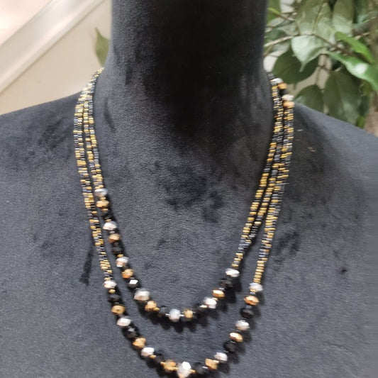 Women's Black Cube Round & Crystal Beaded Fashion Long Necklace