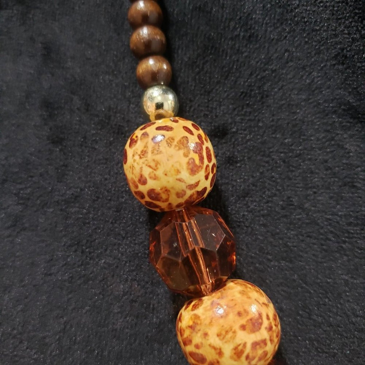 Womens Fashion Brown Clear Crystals, Wooden Beads, Leopard Print Beads Necklace