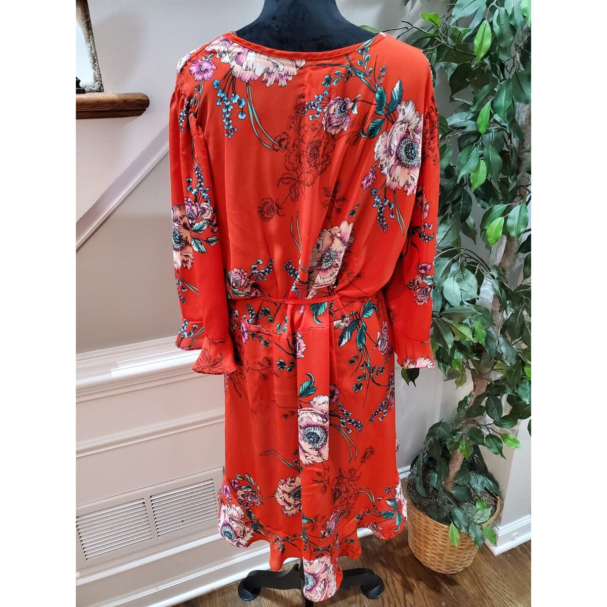 Haute Project Women Red Floral 100% Polyester V-Neck Long Sleeve Top Blouse XL