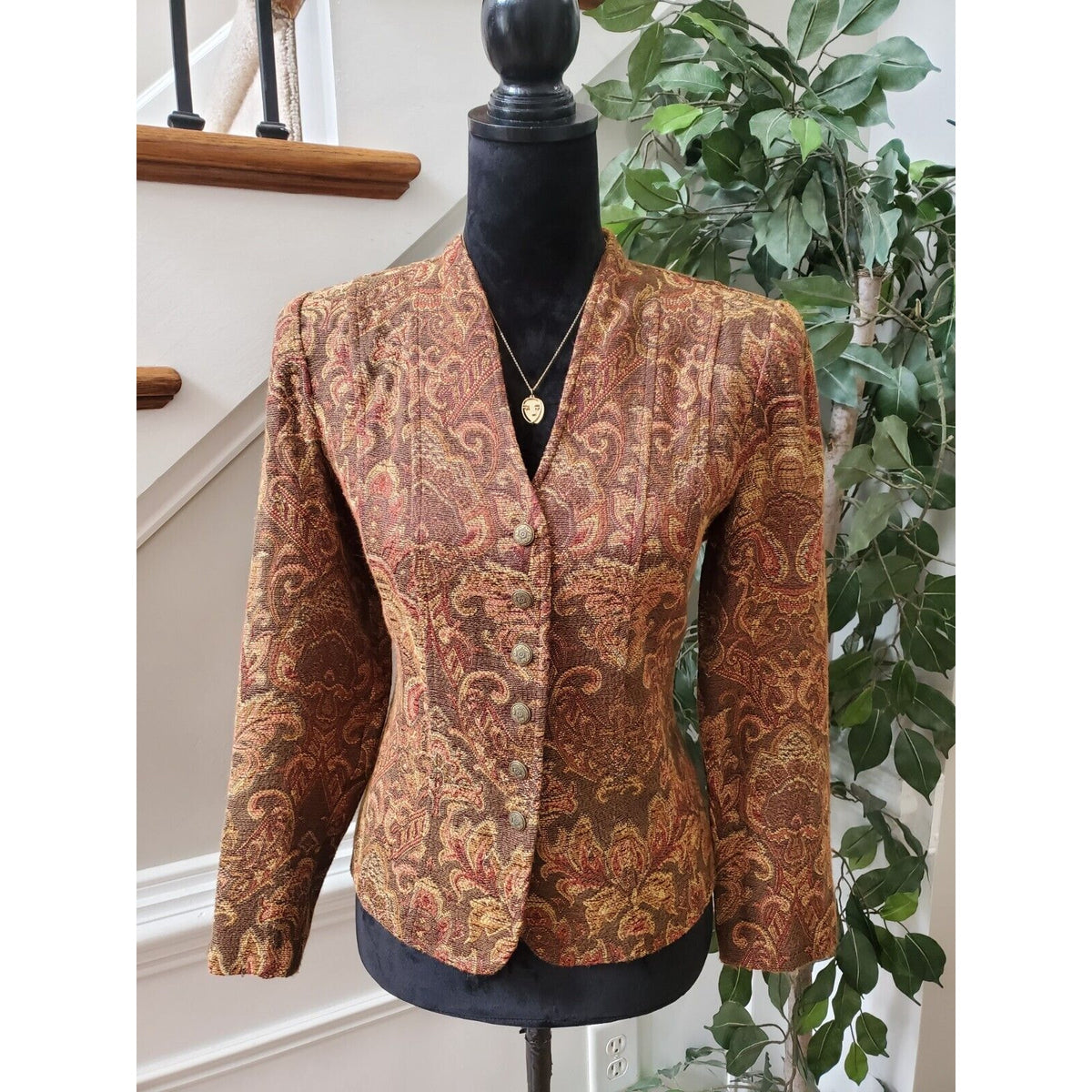 Sag Harbor Womens Brown Paisley Tapestry Button Front Jacket Blazer Size 10P