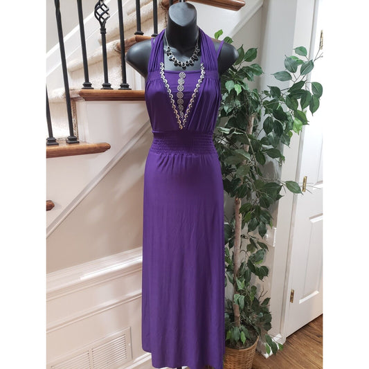 Women's Purple Solid Polyester Halter Neck Sleeveless Casual Long Maxi Dress S