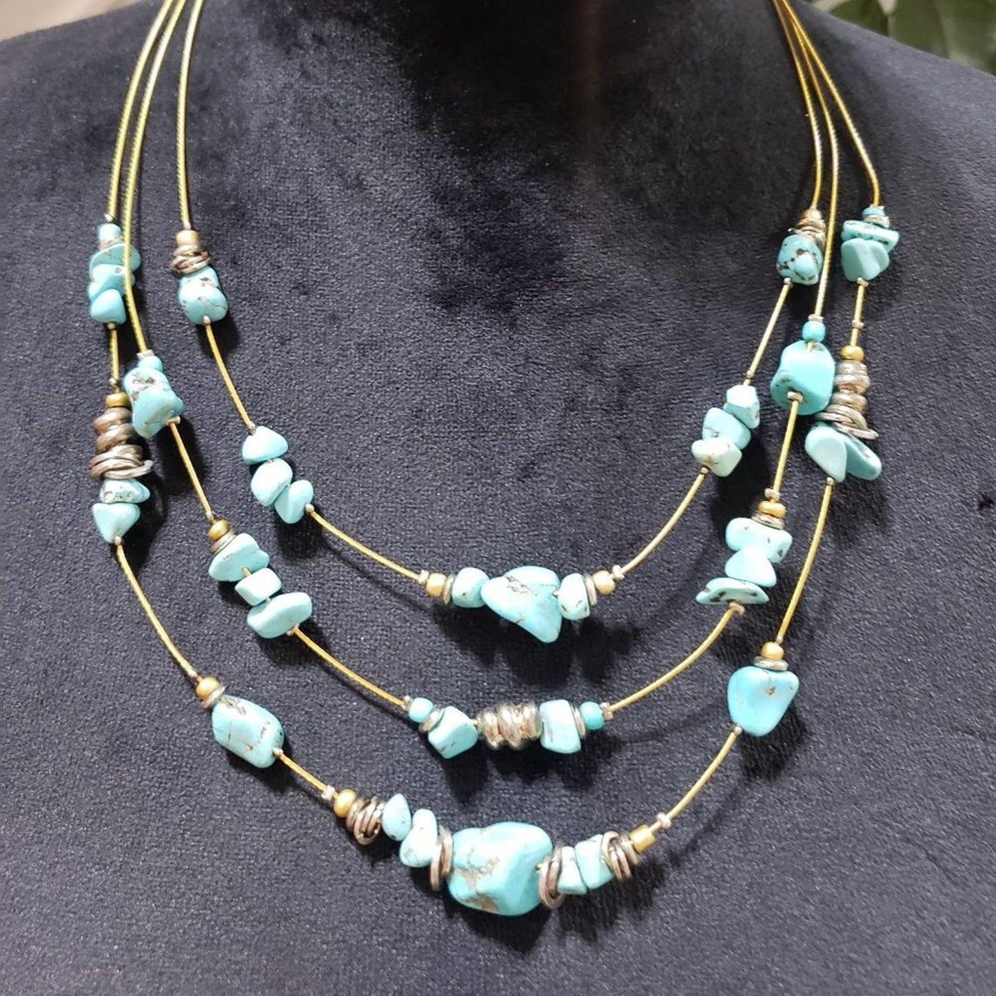 Women Triple Layer Beaded Blue Turquoise Stone Charm Necklace with Lobster Clasp