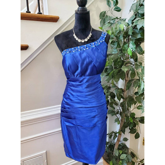 Dress First Women Blue 100% Polyester One Shoulder Formal Knee Length Dress S
