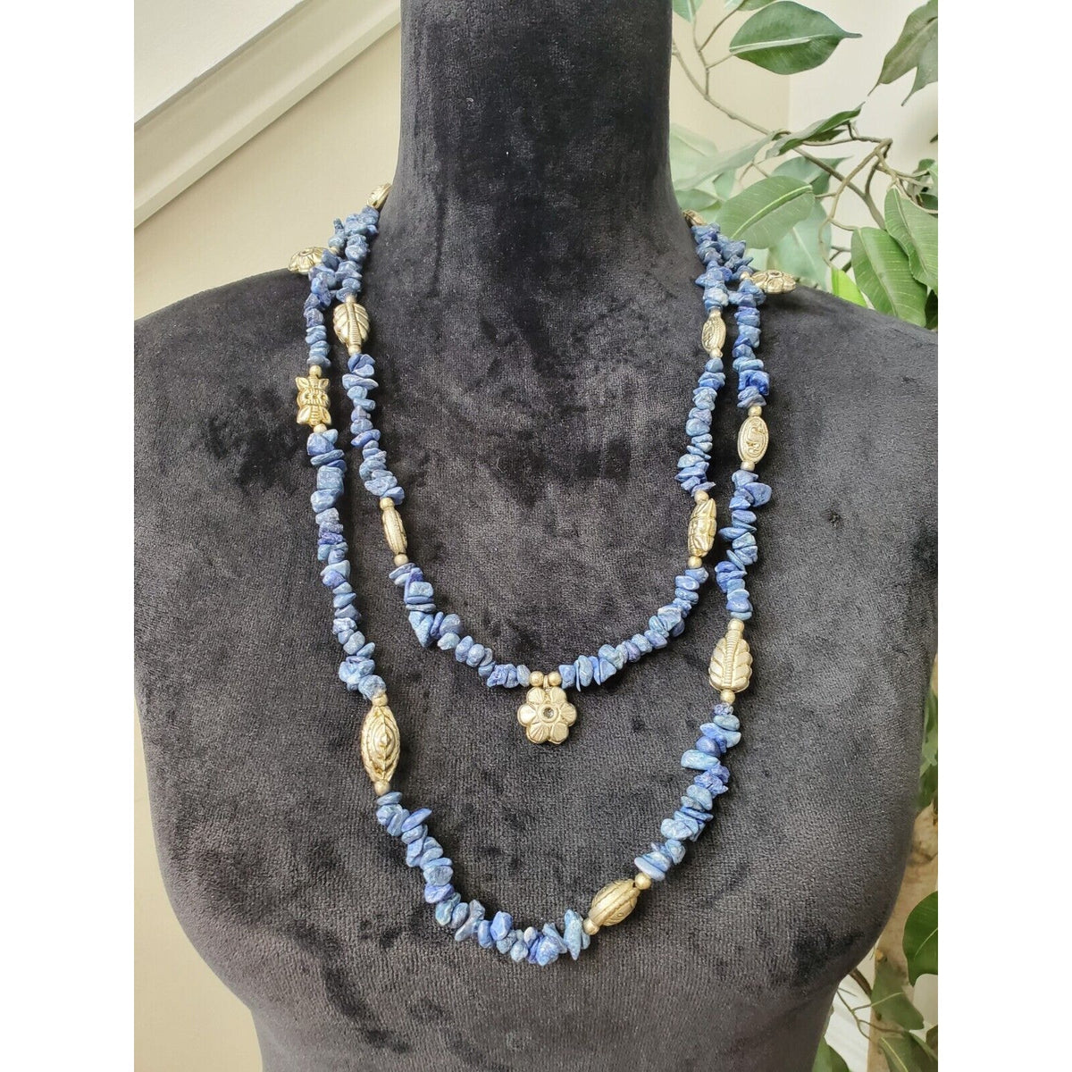Women's Vintage Blue Stone Chips With Charms Long Fashion Jewelry Necklace