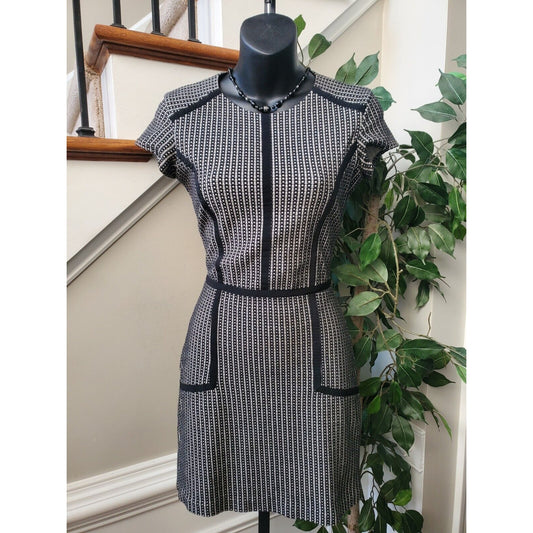 Parker Women Black White Cotton Round Neck Short Sleeve Knee Length Dress Size S