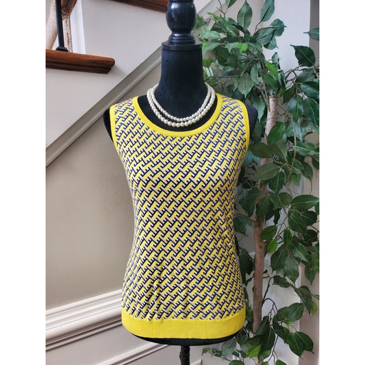 Jones New York Yellow & Black Abstract Cotton Round Neck Sleeveless Sweater M