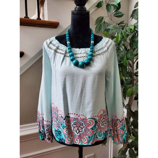 Red Camel Women's Green 100% Rayon Scoop Neck Long Sleeve Top Blouse Size Small