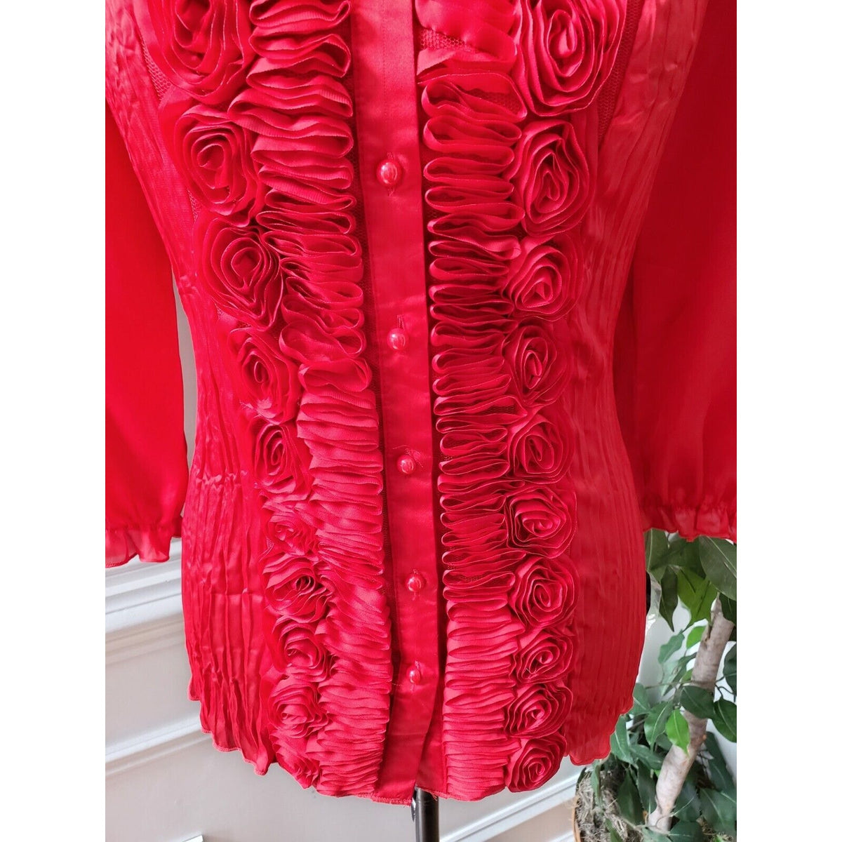 New Directions Women Red Polyester Collared Neck Long Sleeve Button Down Shirt S