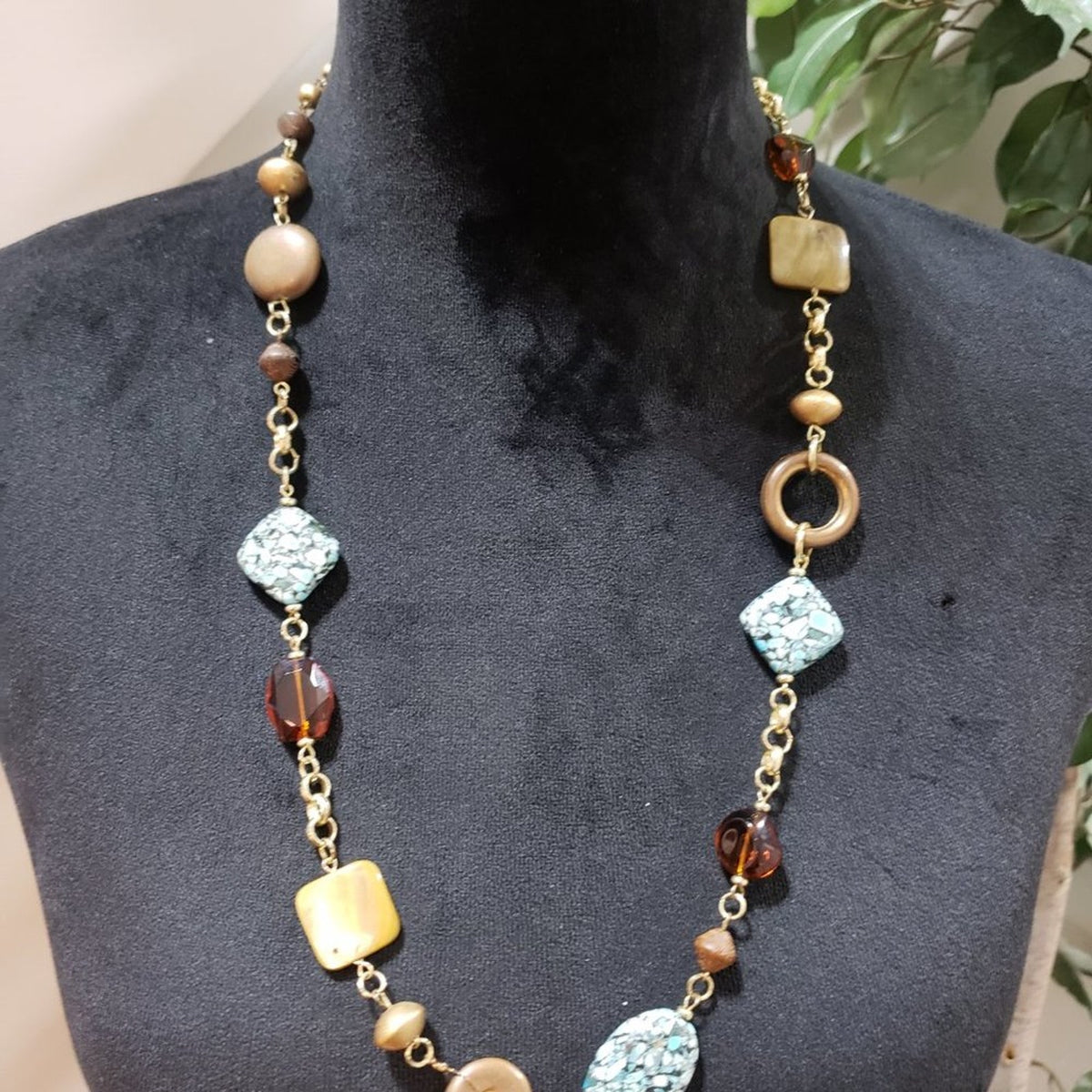 Premier Design Stones Beaded Long Gold Tone Chain Necklace with Lobster Clasp